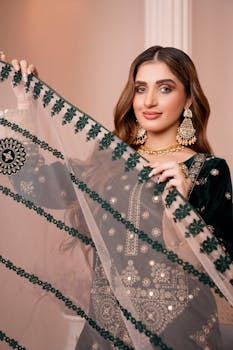 Beautiful portrait of a woman in Pakistani bridal attire with intricate embroidery.