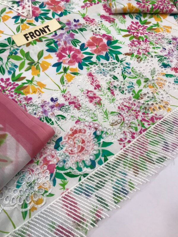 AFROZEH Brand ||  lawn printed chikankari embroidered patch-work unstitced 3pc ✓ - Image 4